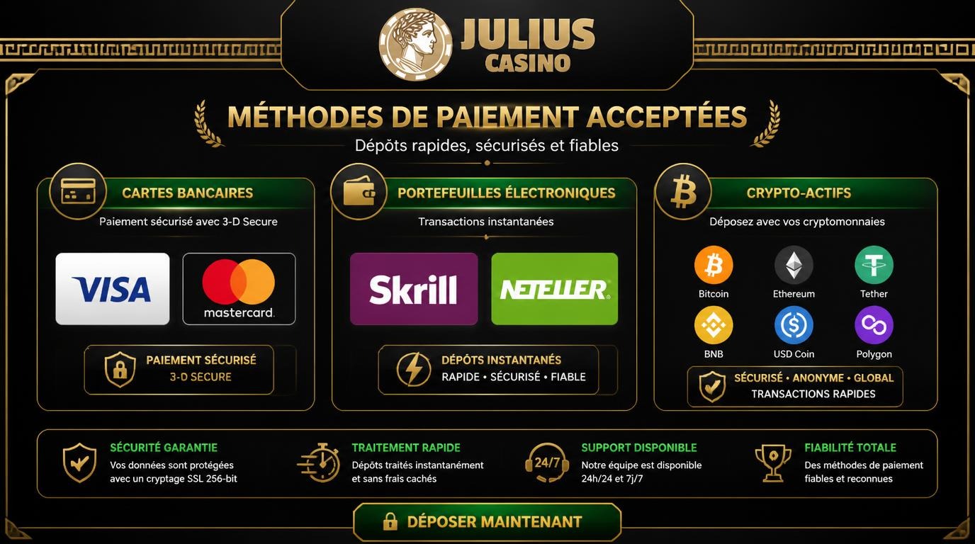 Interface montrant différentes méthodes de paiement disponibles chez Julius Casino