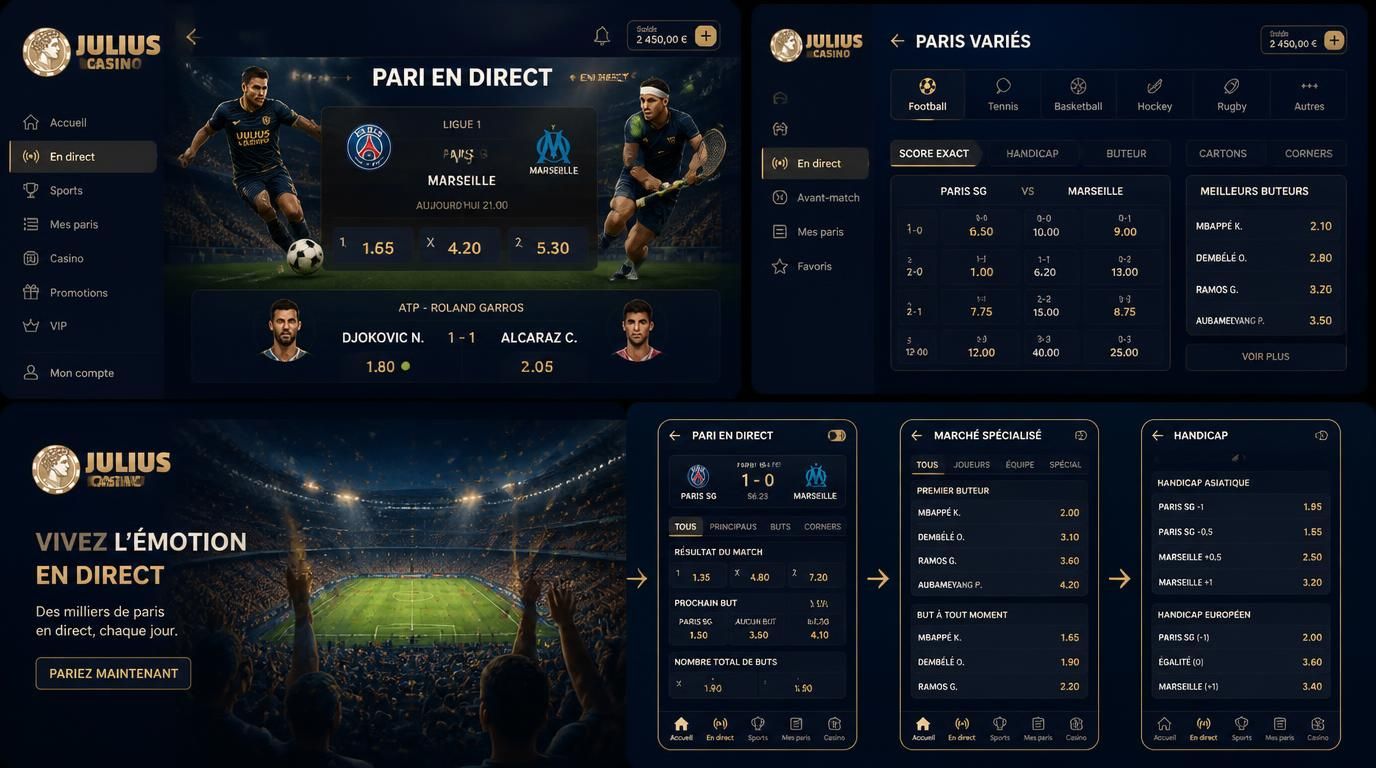 Écran de paris variés avec marchés football et tennis, ambiance élégante live.