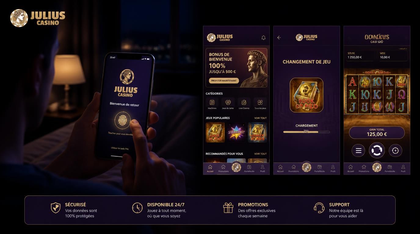 Utilisateur utilisant l’appli Julius Casino sur smartphone la nuit, navigation fluide avec mode sombre.