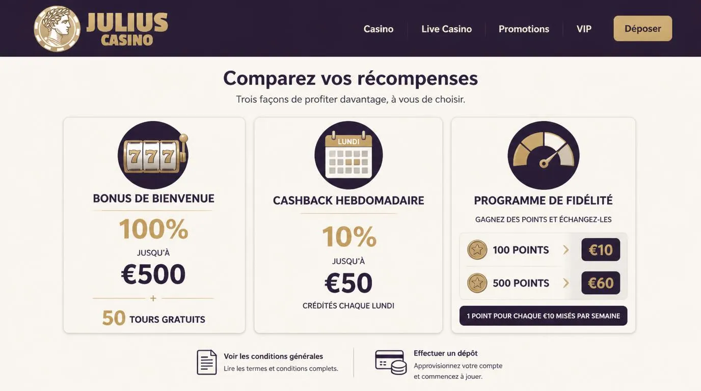 Trois cartes comparant le bonus de bienvenue, le cashback et les récompenses hebdomadaires à points