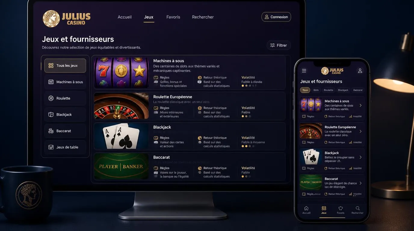 Catalogue de casino illustré avec machines à sous, roulette, blackjack et fiches de règles sur ordinateur et mobile