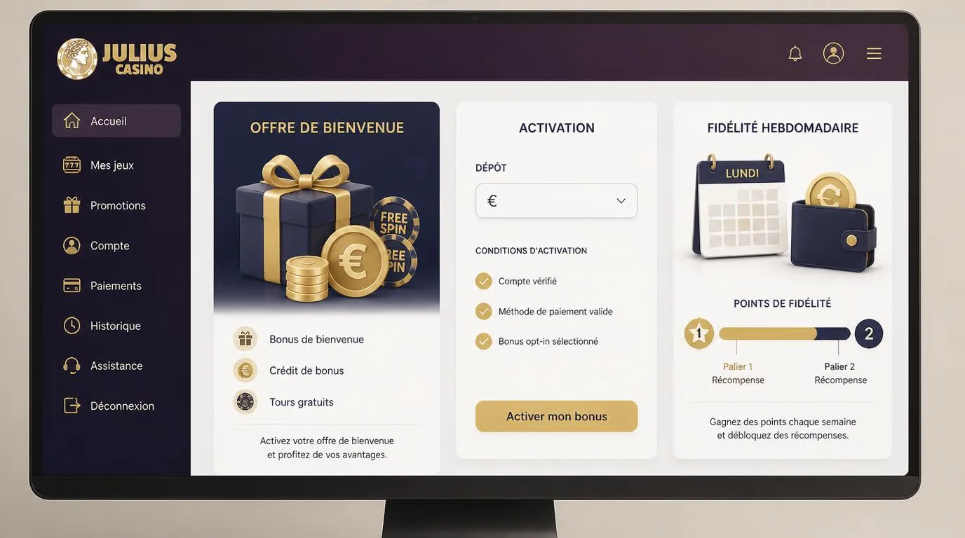 Interface de casino avec une offre de bienvenue, un dépôt et des récompenses hebdomadaires