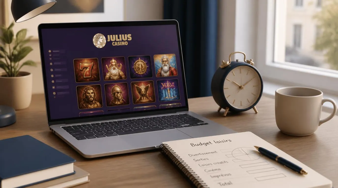Ordinateur affichant une sélection de jeux de casino, avec un carnet de budget et une horloge sur le bureau